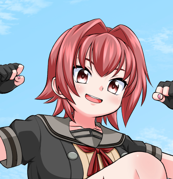 masara (chuujou), kinu (kancolle), kinu kai ni (kancolle), kantai collection, commentary request, 1girl, black gloves, black jacket, blue sky, cloud, flexing, gloves, grey sailor collar, hair intakes, jacket, partially fingerless gloves, red eyes, red hair, sailor collar, short hair, sky, solo, upper body