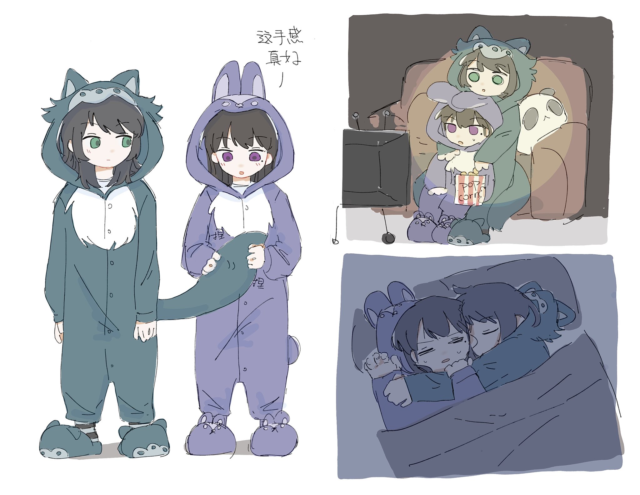 kuang quanshui, shiina taki, yahata umiri, bang dream!, bang dream! it's mygo!!!!!, commentary request, highres, translation request, 2girls, animal costume, black hair, blush, brown hair, couch, cuddling, food, green eyes, green sleeves, mole, mole under eye, multiple girls, onesie, open mouth, popcorn, purple eyes, purple slippers, rabbit costume, slippers, stuffed animal, stuffed panda, stuffed toy, sweat, under covers, watching television, wolf costume, yuri