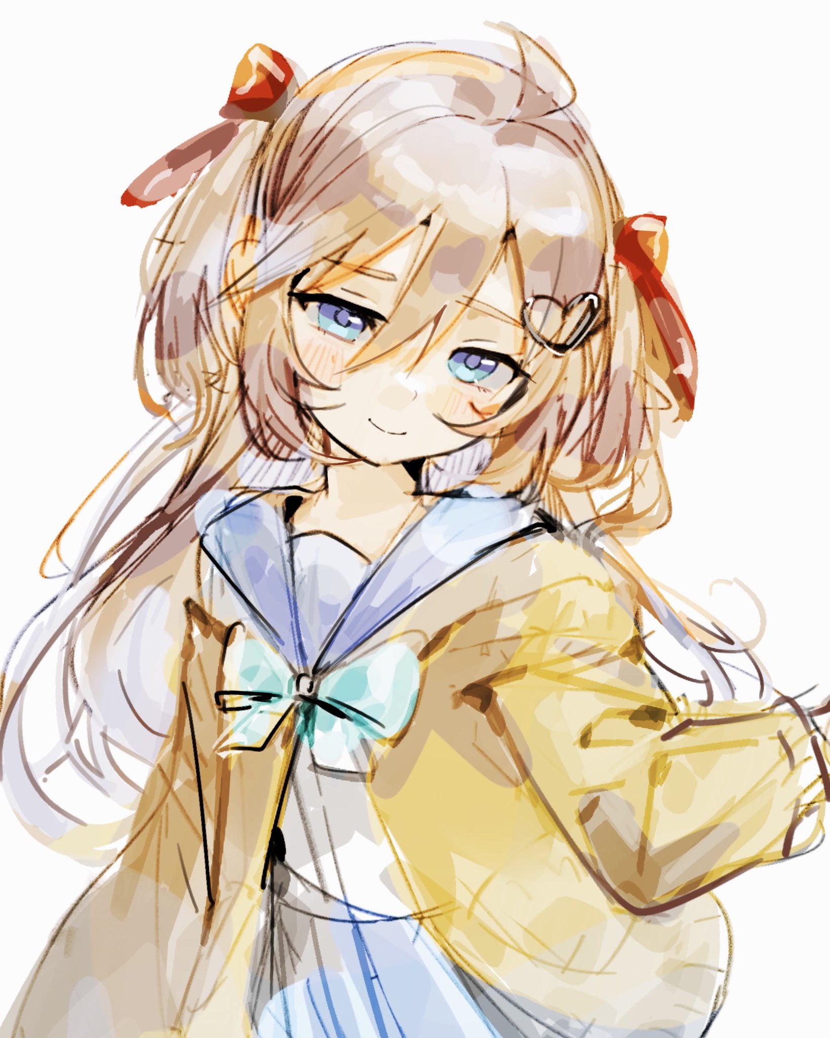 neuro-sama, commentary, highres, 1girl, ahoge, ame0, blue eyes, blue sailor collar, blue skirt, bow, bowtie, brown hair, cardigan, closed mouth, green bow, green bowtie, hair between eyes, hair ornament, hair ribbon, heart, heart hair ornament, long hair, pleated skirt, red ribbon, ribbon, sailor collar, shirt, shirt tucked in, simple background, skirt, smile, solo, two side up, upper body, vedal ai, virtual youtuber, white background, white shirt, yellow cardigan