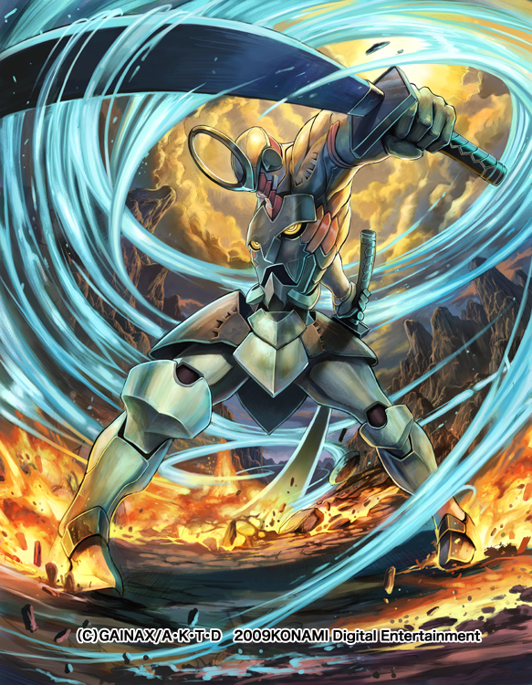 izuka daisuke, okome (trench), takayama toshiaki, enki (gurren lagann), enki (juuni kokuki), tengen toppa gurren lagann, 00s, cliff, cloud, cloudy sky, day, dual wielding, epic, fighting stance, holding, holding sword, holding weapon, lava, mecha, no humans, outstretched arm, robot, rock, sky, standing, sword, unsheathed, weapon