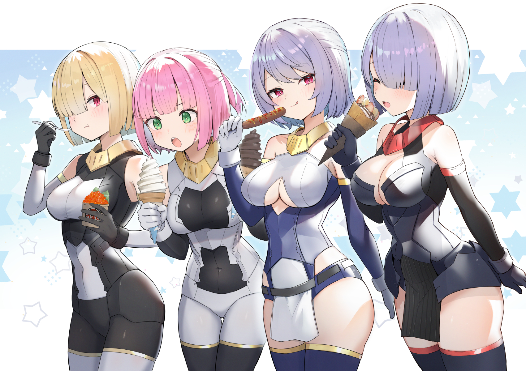isegawa yasutaka, megami device, commentary request, highres, official art, 4girls, :o, :q, :t, black bodysuit, black gloves, black leotard, black thighhighs, blonde hair, blue gloves, blue leotard, blue thighhighs, bodysuit, breasts, bullet knights executioner, bullet knights exorcist, bullet knights lancer, bullet knights launcher, cleavage cutout, closed mouth, clothing cutout, covered navel, cowboy shot, eating, elbow gloves, food, gloves, green eyes, grey bodysuit, grey hair, hair over one eye, holding, holding ice cream cone, holding spoon, ice cream, ice cream cone, large breasts, leotard, looking at viewer, mecha musume, multicolored bodysuit, multicolored gloves, multiple girls, one eye covered, open mouth, pelvic curtain, pink eyes, pink hair, red eyes, sausage, short hair, sleeveless, sleeveless bodysuit, smile, spoon, strapless, strapless leotard, teeth, thighhighs, tongue, tongue out, two-tone bodysuit, two-tone gloves, upper teeth only, white gloves