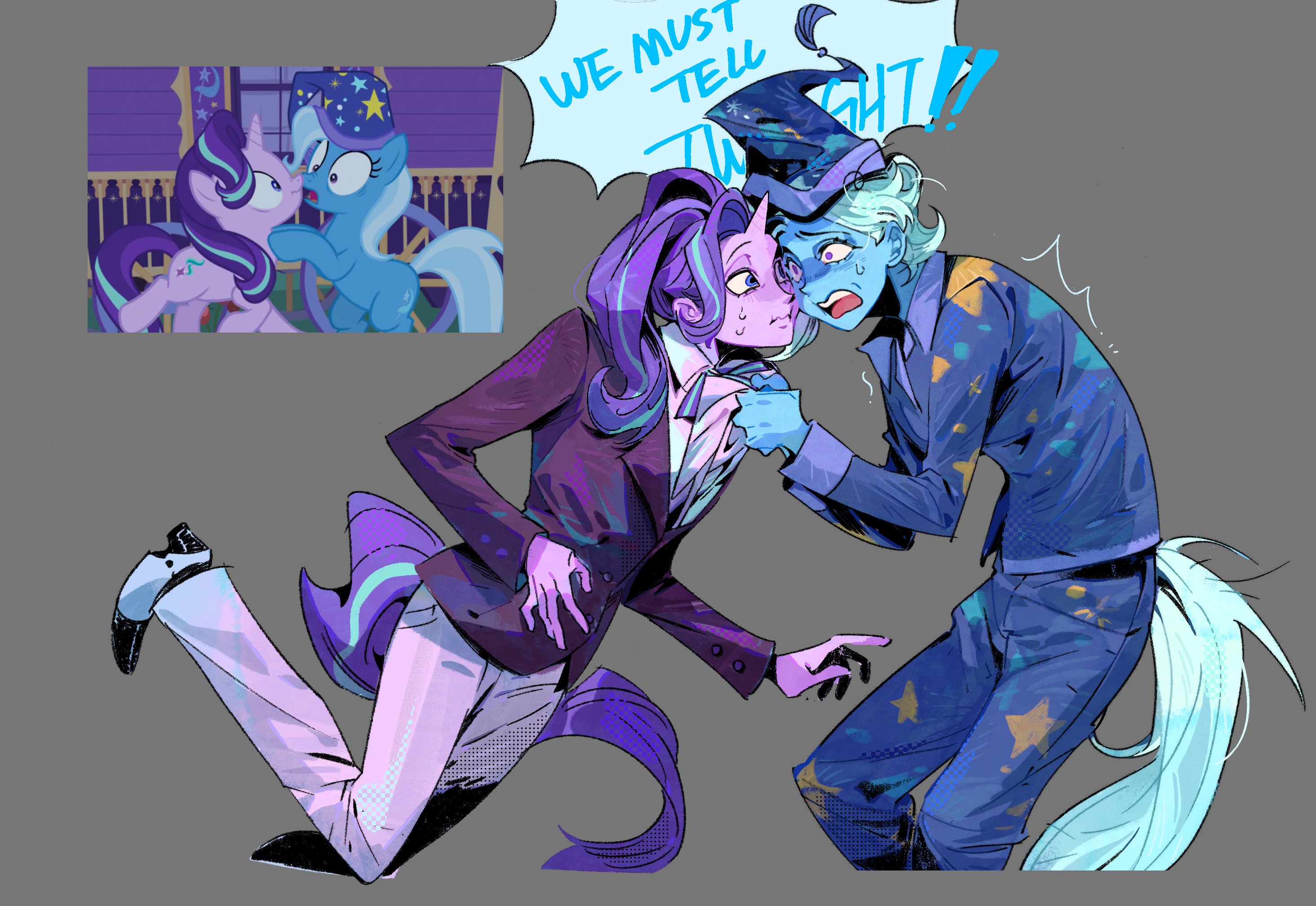 biantaishi1, starlight glimmer, starlight glimmer (equestria girls), trixie lulamoon, trixie lulamoon (equestria girls), my little pony, my little pony: equestria girls, my little pony: friendship is magic, hashtag-only commentary, highres, 2girls, :i, ||/, ^^^, aqua hair, aqua ribbon, aqua tail, blazer, blue hat, blue pants, blue shirt, blue skin, breasts, cheek-to-cheek, collared shirt, colored skin, cropped legs, crossdressing, crossdressing (ftm), curly hair, english text, eye contact, face-to-face, flat chest, grey background, hair behind ear, hair over shoulder, halftone, hat, heads together, high ponytail, horns, horse tail, jacket, lifting another's clothes, long sleeves, looking at another, medium hair, multicolored hair, multiple girls, neck ribbon, open mouth, pants, pink pants, ponytail, purple hair, purple jacket, purple ribbon, purple skin, purple tail, raised eyebrow, raised eyebrows, reference inset, ribbon, scared, scene reference, screenshot inset, shirt, short hair, simple background, single horn, small breasts, standing, standing on one leg, star (symbol), star print, streaked hair, striped ribbon, sweat, tail, teeth, tongue, two-tone hair, two-tone ribbon, two-tone tail, unicorn girl, upper teeth only, wavy mouth, white hair, white shirt, wide-eyed, wizard hat