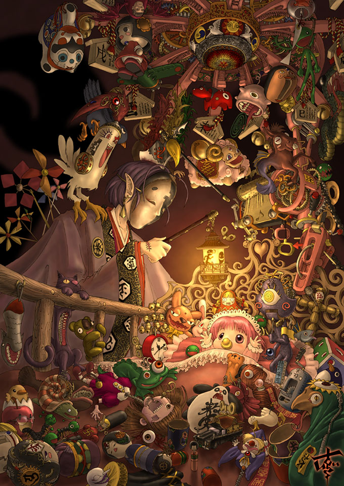 ahoisy, original, 2girls, baby, baby animal, bird, cat, chick, dark, koala, marble (toy), mask, moon, multiple girls, panda, pinwheel, pointy ears, scar, sharp teeth, snail, stuffed animal, stuffed rabbit, stuffed toy, sun, surreal, teeth, toy