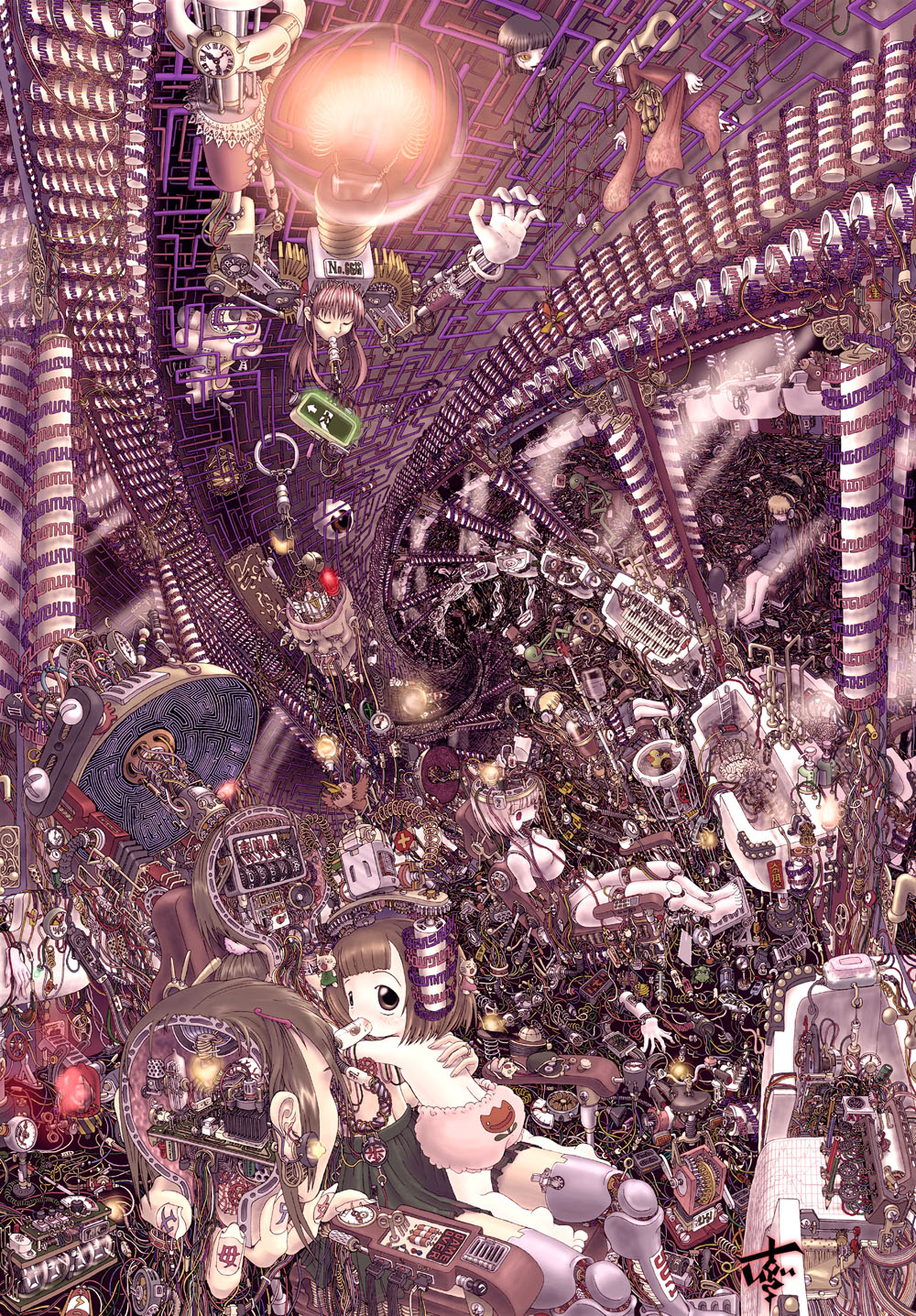 ahoisy, original, head, mechanical, highres, 1girl, absolutely everything, absurdly detailed composition, android, bird, cable, cat, chair, english text, flat chest, hug, japanese clothes, kimono, loli, machine, robot, rubber duck, sitting, surreal, topless female, what