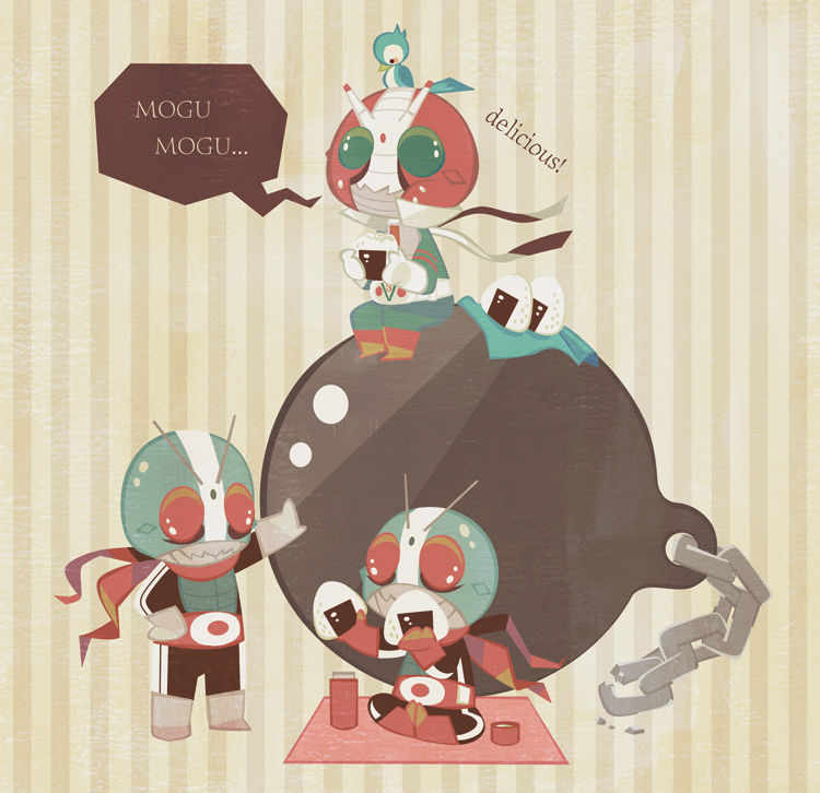 nekomaru (noyado), nk (pixiv405446), kamen rider 1, kamen rider 2, kamen rider v3, kamen rider, kamen rider v3 (series), 3boys, antennae, ball and chain restraint, belt, chibi, eating, food, male focus, multiple boys, onigiri, scarf, speech bubble