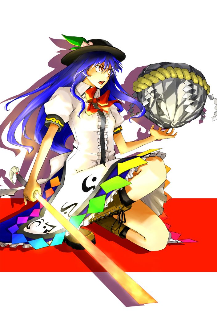 holysnow, hinanawi tenshi, touhou, 1girl, blue hair, female focus, hat, kaname-ishi, kneeling, long hair, red eyes, rock, rope, shimenawa, solo, sword, sword of hisou, weapon
