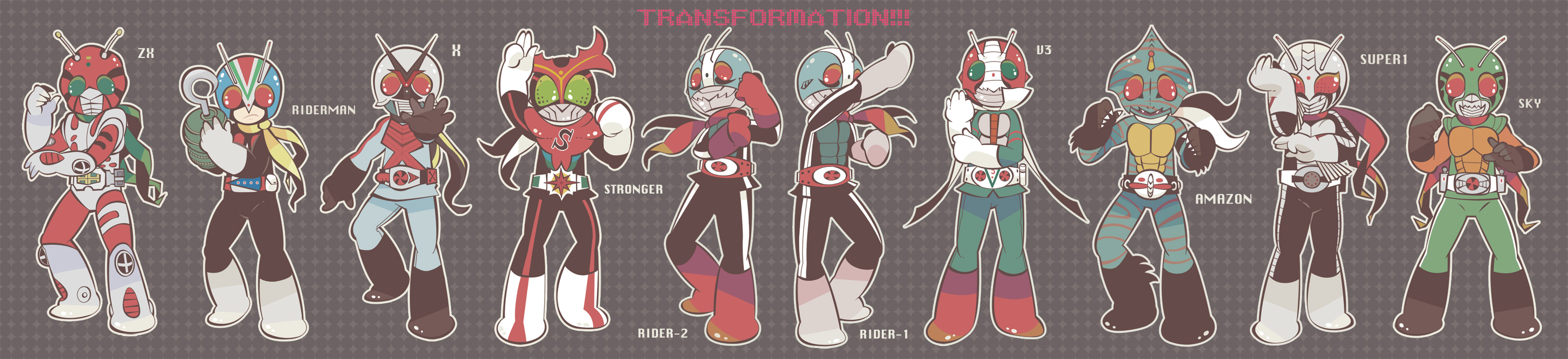 nekomaru (noyado), nk (pixiv405446), kamen rider 1, kamen rider 2, kamen rider amazon, kamen rider stronger, kamen rider super-1, kamen rider v3, kamen rider x, kamen rider zx, riderman, skyrider, kamen rider, kamen rider (1st series), kamen rider amazon (series), kamen rider stronger (series), kamen rider super-1 (series), kamen rider v3 (series), kamen rider x (series), neo kamen rider, highres, long image, wide image, 6+boys, antennae, chibi, everyone, male focus, multiple boys, scarf