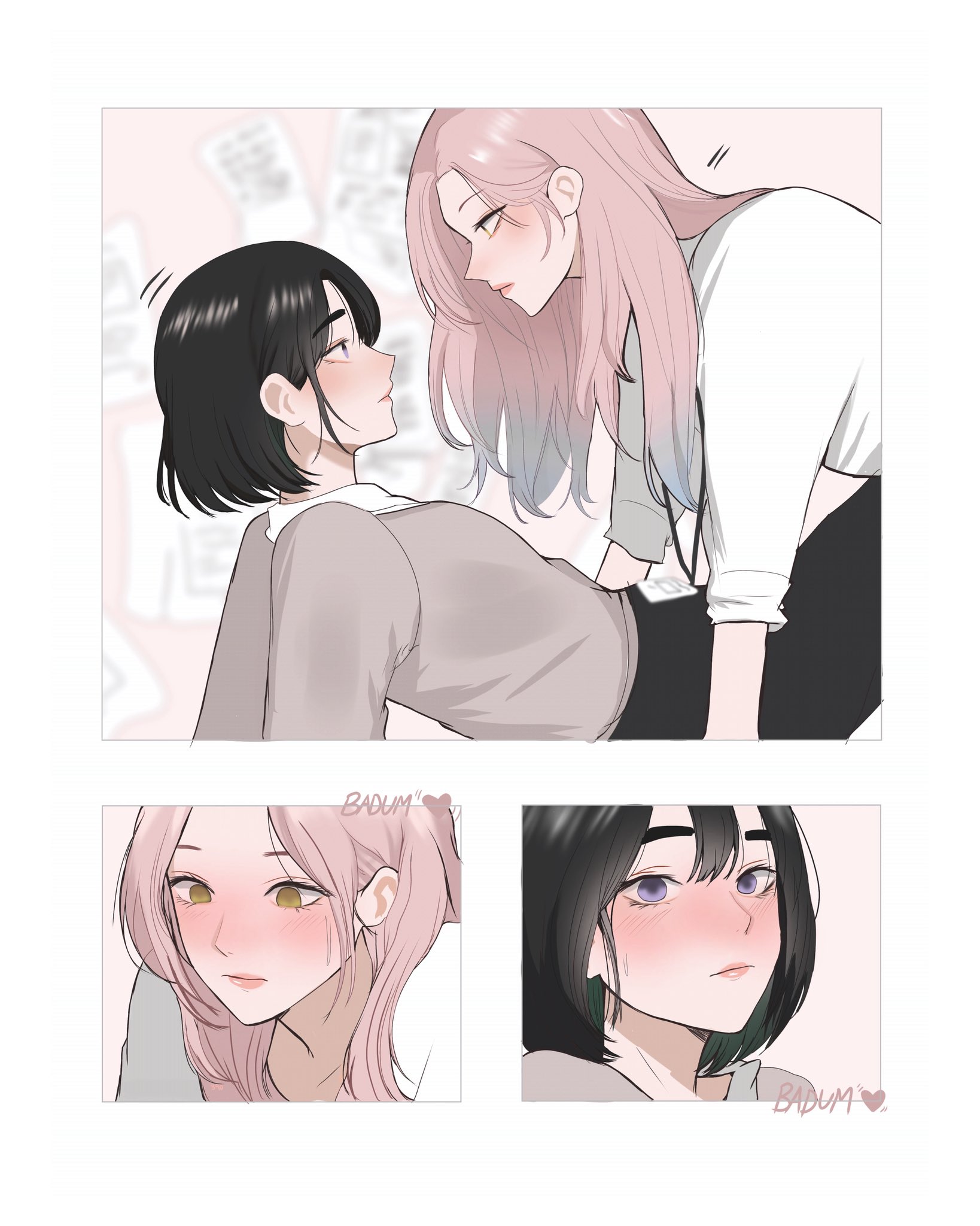 raimusoft, mizi (alien stage), sua (alien stage), alien stage, commentary, english commentary, highres, 2girls, black hair, black pants, blue streaks, blush, closed mouth, eye contact, gradient hair, grey shirt, lanyard, long hair, looking at another, multicolored hair, multiple girls, pants, pink hair, purple eyes, shirt, short hair, sweat, white shirt, yellow eyes, yuri