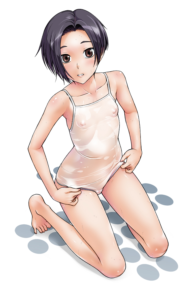 fukudahda, kobayakawa rinko, love plus, 1girl, adjusting clothes, adjusting swimsuit, barefoot, black hair, blush, bob cut, brown eyes, feet, female focus, flat chest, kneeling, legs, long legs, one-piece swimsuit, see-through clothes, short hair, solo, swimsuit, wet, white one-piece swimsuit