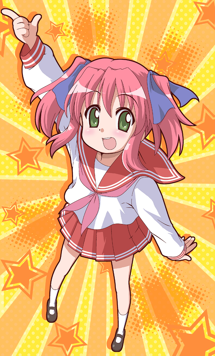 ki (adotadot), kobayakawa yutaka, lucky star, highres, md5 mismatch, resolution mismatch, source smaller, 00s, 1girl, female focus, foreshortening, green eyes, long hair, pointing, red hair, school uniform, serafuku, short hair, solo, twintails