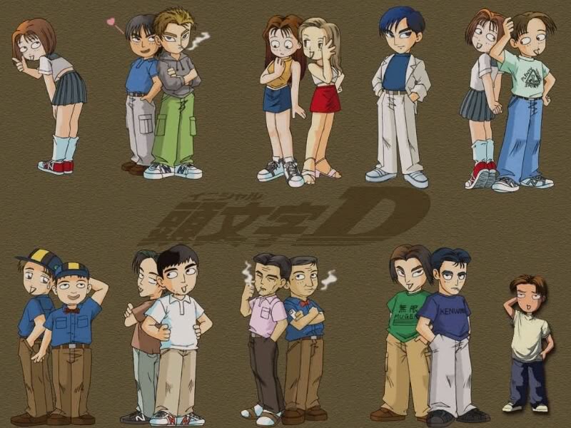 fujiwara bunta, fujiwara takumi, mogi natsuki, takahashi keisuke, takeuchi itsuki, initial d, tagme, arm behind head, cargo pants, chibi, cigarette, copyright name, everyone, hand on own hip, logo, pants, ryousuke takahashi, school uniform, smoke, smoking