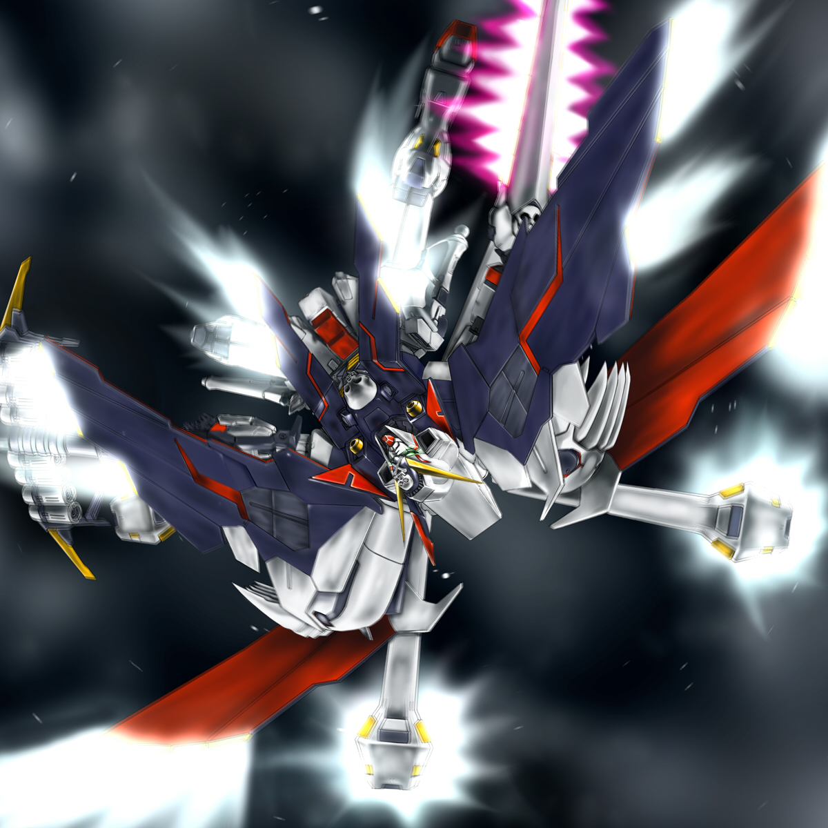 puspus, crossbone gundam x-1, crossbone gundam, gundam, highres, mecha, no humans, robot, skull and crossbones, solo, space, upside-down