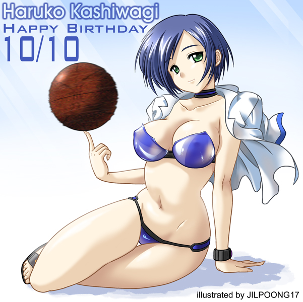 jilpoong17, kashiwagi haruko, muv-luv, non-web source, 1girl, arm support, ball, basketball, basketball (object), bikini, blue hair, feet, female focus, green eyes, happy birthday, jacket, navel, open clothes, open jacket, purple bikini, sandals, short hair, sitting, solo, spinning, swimsuit, watch, wristwatch, yokozuwari