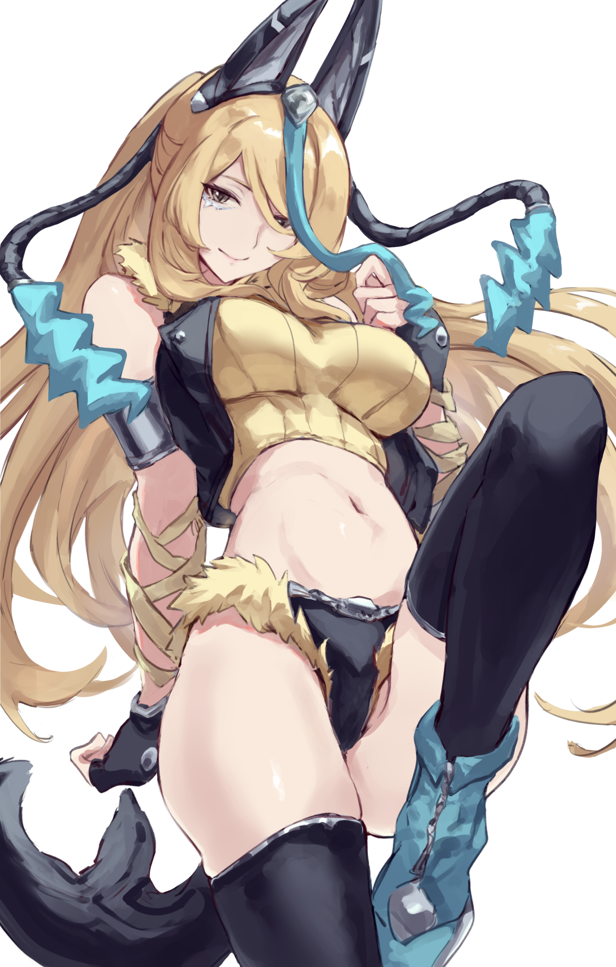 jojobirdz, cynthia (pokemon), lucario, mega lucario z, nintendo, pokemon, pokemon legends: z-a, commentary request, highres, 1girl, animal ears, black gloves, black thighhighs, blonde hair, breasts, cosplay, fake animal ears, fingerless gloves, fur-trimmed shorts, fur trim, gen 4 pokemon, gloves, grey eyes, high ponytail, large breasts, long hair, mega lucario z (cosplay), micro shorts, navel, ponytail, shorts, simple background, solo, stomach, tail, thighhighs, very long hair, white background
