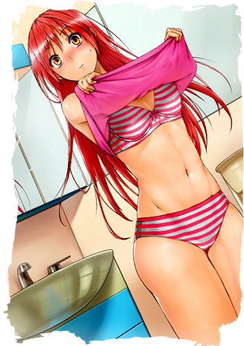 inuzuka bouru, original, lowres, third-party edit, 1girl, blush, bra, female focus, groin, lingerie, mirror, navel, orange eyes, panties, red hair, sink, solo, striped bra, striped clothes, striped panties, underwear, undressing