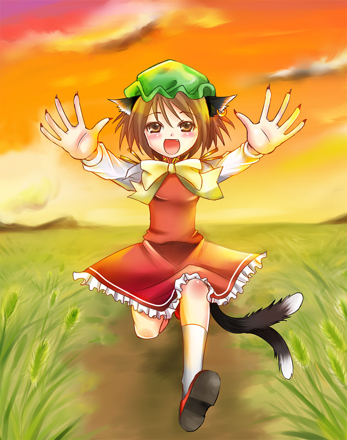 takamoto akisa, chen, touhou, 1girl, animal ears, brown hair, cat ears, cat girl, cat tail, earrings, fang, female focus, full body, hat, jewelry, multiple tails, nature, outdoors, plant, short hair, skirt, sky, solo, tail