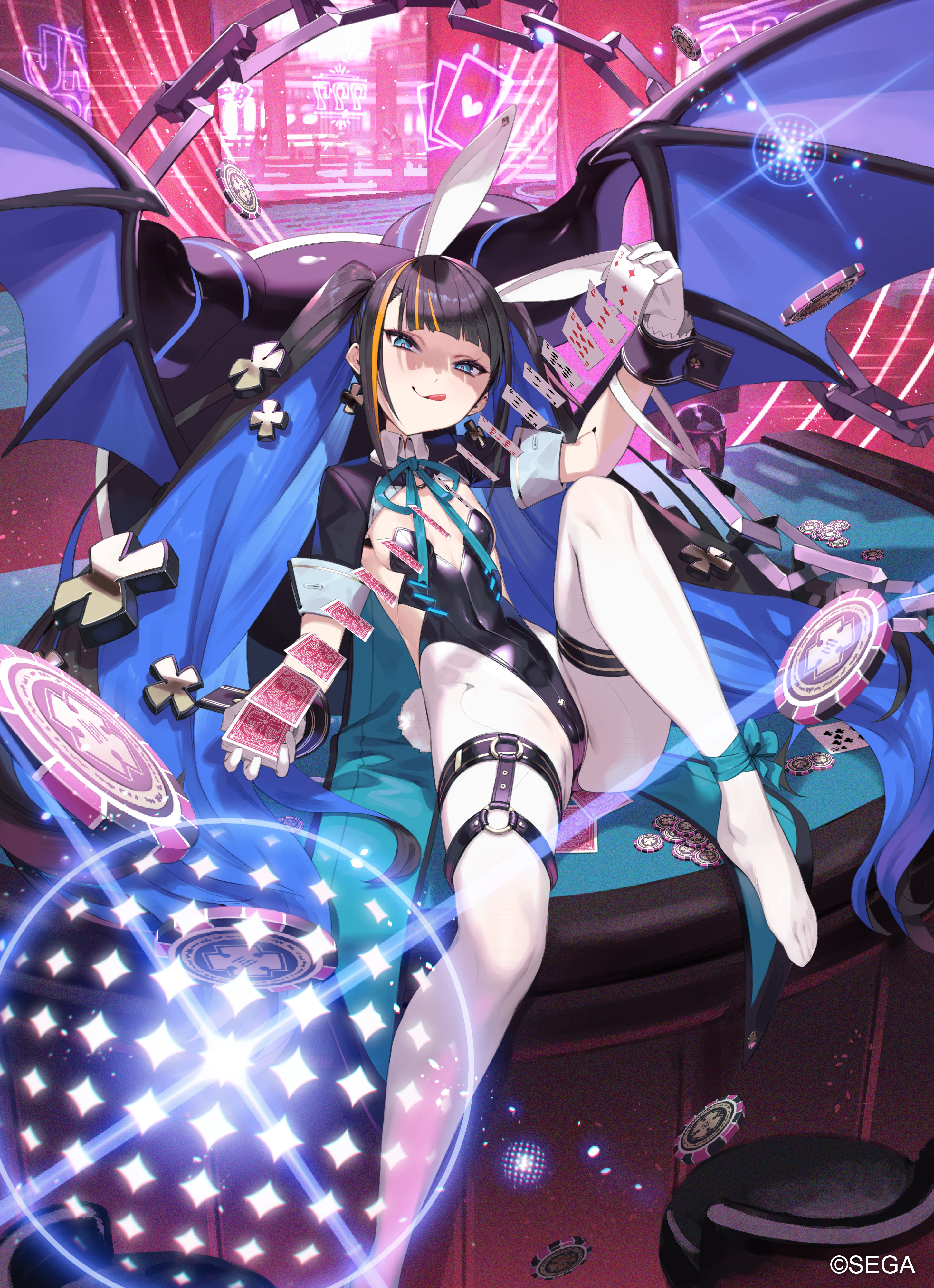 ainezu, chunithm, absurdres, highres, official art, 1girl, animal ears, black hair, black leotard, blue eyes, blue hair, blush, breasts, card, colored inner hair, covered navel, demon wings, earrings, fake animal ears, fake tail, full body, gloves, holding, indoors, jewelry, leotard, looking at viewer, mika dominance iii, multicolored hair, orange hair, pantyhose, playboy bunny, playing card, poker chip, poker table, rabbit ears, rabbit tail, red pupils, short sleeves, shrug (clothing), small breasts, smile, solo, streaked hair, table, tail, thigh strap, tongue, tongue out, twintails, white gloves, white pantyhose, wings, wrist cuffs