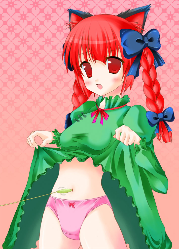haruma, haruma1192, kaenbyou rin, touhou, bad id, bad pixiv id, 1girl, animal ears, blush, bow, braid, breasts, cat ears, cat girl, cattail, clothes lift, dress, dress lift, female focus, hair bow, long hair, multiple hair bows, navel, panties, pink panties, plant, red eyes, red hair, solo, spread navel, tickling, tickling navel, twin braids, underwear