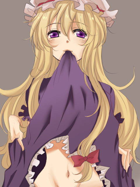 waiko, yakumo yukari, touhou, bad id, bad pixiv id, 1girl, blonde hair, clothes in mouth, clothes lift, dress, dress in mouth, dress lift, female focus, groin, hat, long hair, mouth hold, navel, purple eyes, solo