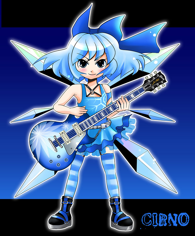 takamoto akisa, cirno, touhou, alternate costume, blue eyes, blue hair, bow, electric guitar, gibson les paul, guitar, hair bow, instrument, short hair, solo, striped clothes, striped thighhighs, thighhighs, wings
