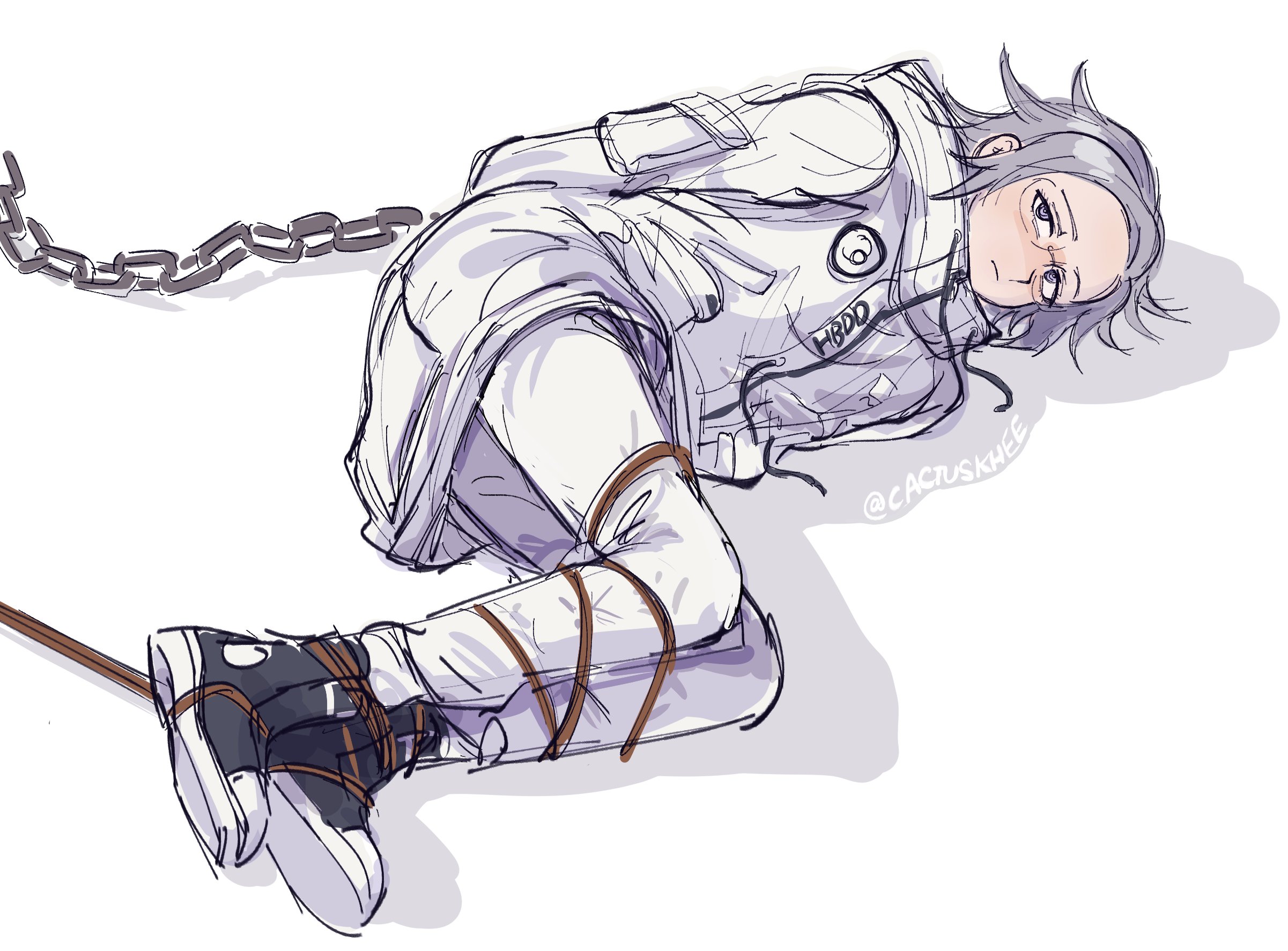 khee, aotsuki eito, danganronpa (series), danganronpa 2: goodbye despair, the hundred line -last defense academy-, commentary, english commentary, highres, 1boy, black shoes, bound, bound legs, bound wrists, chain, expressionless, glasses, gloves, grey hair, jacket, looking at viewer, lying, male focus, on side, pants, purple eyes, scene reference, shadow, shoes, short hair, sketch, solo, twitter username, white background, white jacket, white pants