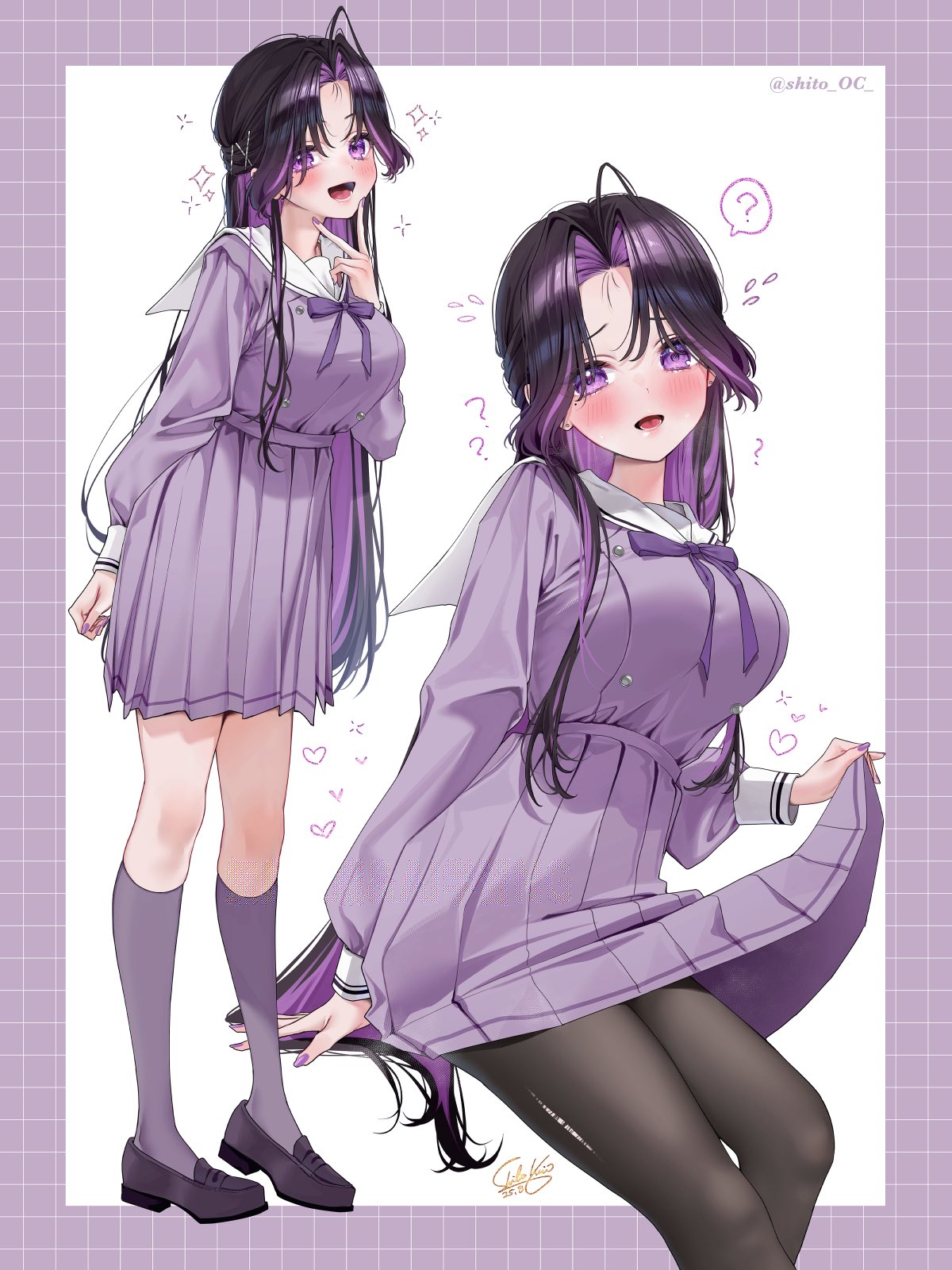 yuuyu (moco20111115), original, commentary request, highres, 1girl, :o, ?, black shoes, blush, border, bow, bowtie, brown hair, clothes lift, collar, curtained hair, grid border, kneehighs, long hair, long sleeves, looking at viewer, multiple views, open mouth, pleated skirt, purple border, purple bow, purple bowtie, purple eyes, purple shirt, purple skirt, purple socks, raised inner eyebrows, sailor collar, school uniform, shirt, shoes, signature, simple background, sitting, skirt, skirt lift, smile, socks, sparkle, speech bubble, spoken question mark, twitter username, white background, white collar, white wrist cuffs, wrist cuffs