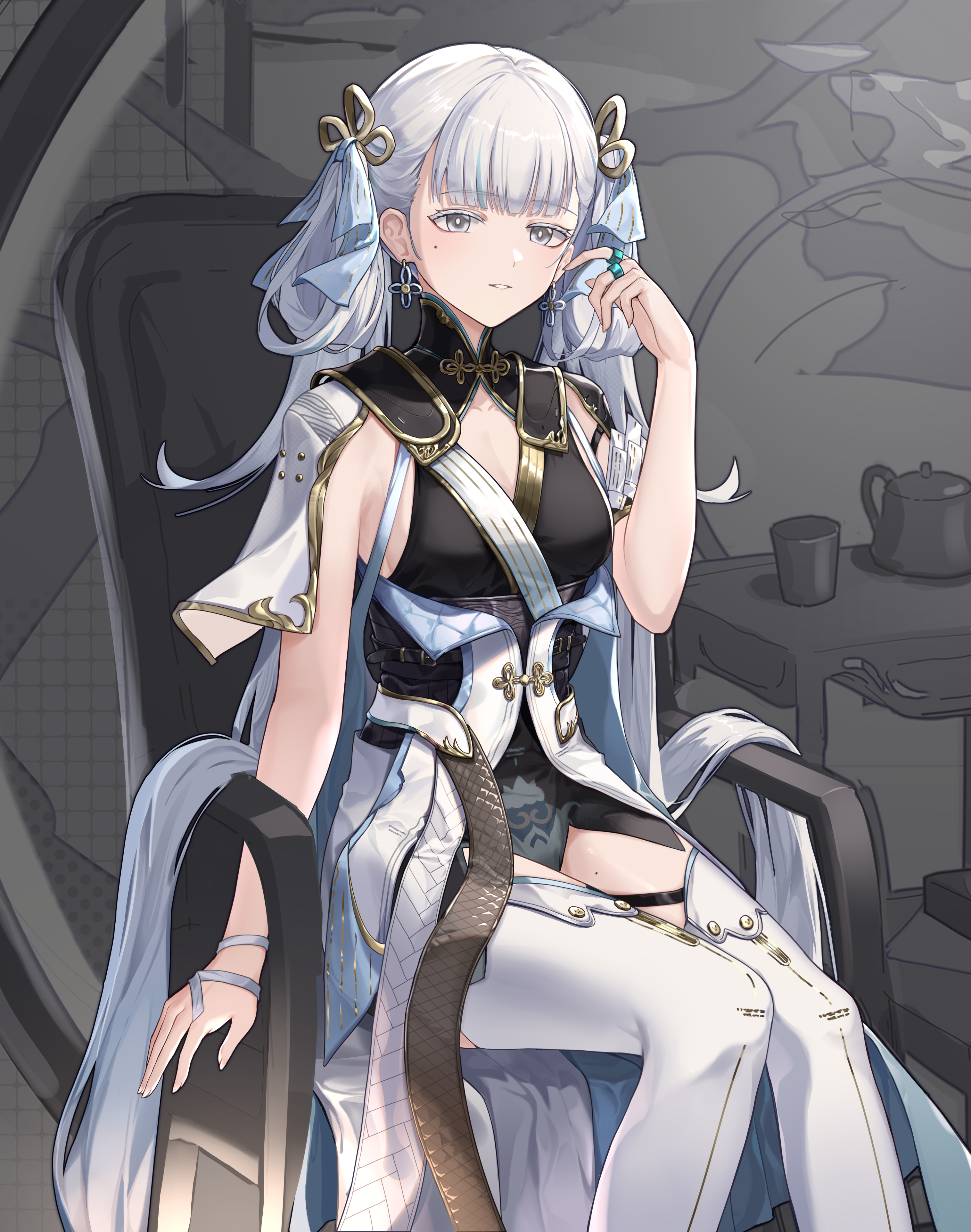 xiu kukkii, jinhsi (wuthering waves), wuthering waves, absurdres, commentary request, highres, 1girl, black collar, black dress, boots, bow, breasts, bright pupils, coat, collar, colored eyelashes, dress, earrings, feet out of frame, grey eyes, hair bow, hair rings, hand up, jewelry, looking at viewer, medium breasts, mole, mole on thigh, mole under eye, parted lips, sitting, smile, solo, thigh boots, thighs, white boots, white bow, white coat, white eyelashes, white pupils