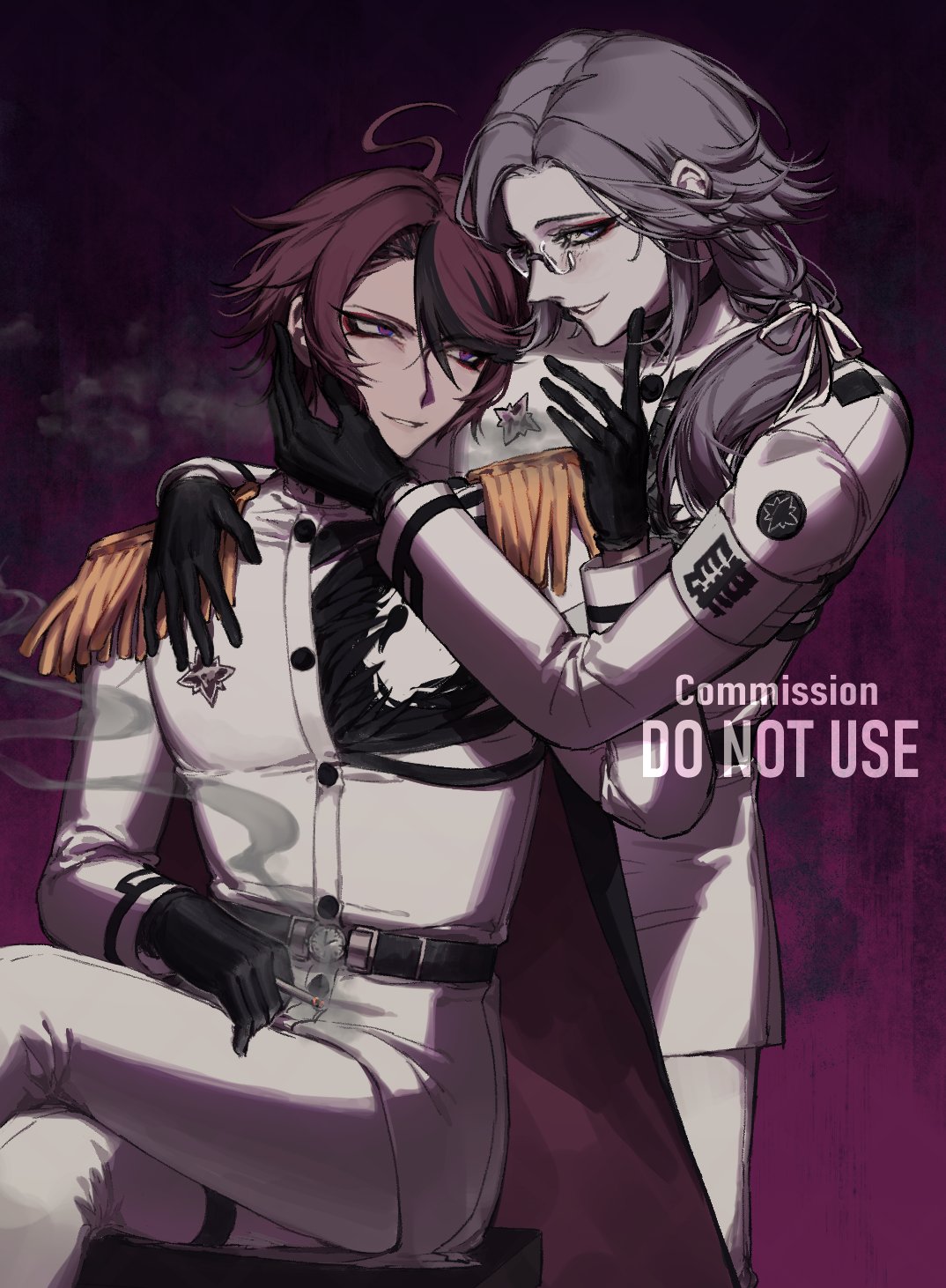 aotsuki eito, sumino takumi, the hundred line -last defense academy-, caress, commentary, commission, english commentary, highres, 2boys, aged up, ahoge, armband, black cape, black gloves, black streaks, blue eyes, cape, cigarette, crossed legs, epaulettes, eyeliner, gakuran, glasses, gloves, grey hair, holding, holding cigarette, jacket, last defense academy school uniform, looking at another, looking at viewer, makeup, male focus, medium hair, multicolored hair, multiple boys, on stool, pants, ponytail, purple eyes, r314dor, red eyeliner, red hair, school uniform, short hair, sitting, smile, streaked hair, watermark, white armband, white jacket, white pants, yaoi