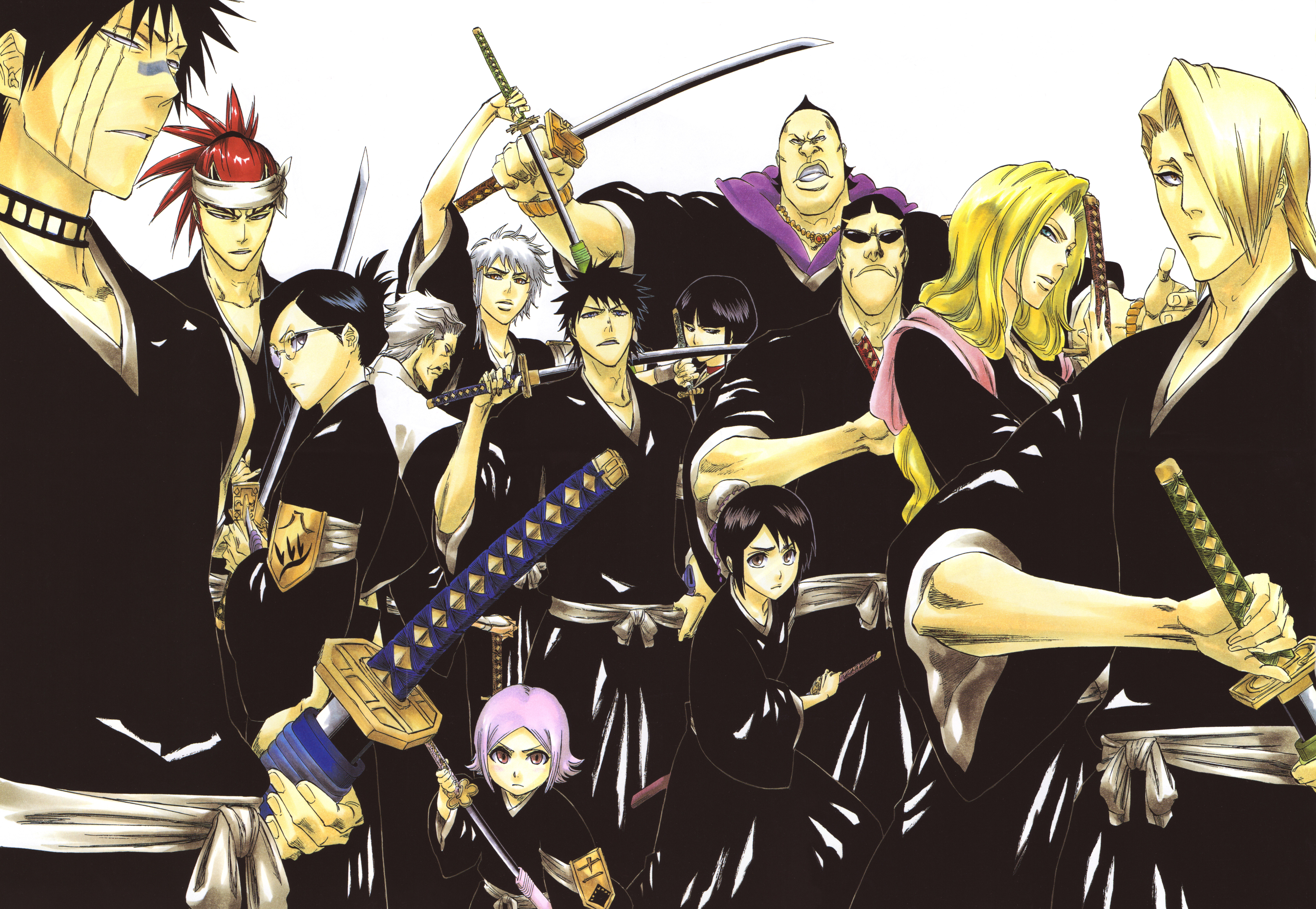 kubo tite, abarai renji, hinamori momo, hisagi shuuhei, iba tetsuzaemon, ise nanao, kira izuru, kotetsu isane, kurotsuchi nemu, kusajishi yachiru, matsumoto rangiku, oomaeda marechiyo, sasakibe choujirou, shiba kaien, bleach, silver hair, absurdres, annotated, cleaned, highres, official art, scan, 00s, 6+boys, 6+girls, armband, badge, belt, black eyes, black hair, blonde hair, blue eyes, bracelet, breasts, brown eyes, bun cover, capelet, choker, cleavage, everyone, facial hair, fukutaichou badge, glasses, grimace, hair bun, hair over one eye, hair up, haori, headband, japanese clothes, jewelry, katana, knife, long hair, medium breasts, mole, mole under mouth, multiple boys, multiple girls, mustache, necklace, pink eyes, pink hair, purple eyes, red hair, sash, scabbard, scar, sheath, shinigami, short hair, short sword, single hair bun, spiked hair, sunglasses, sword, tanto, tantou, tattoo, unsheathing, wakizashi, wavy hair, weapon