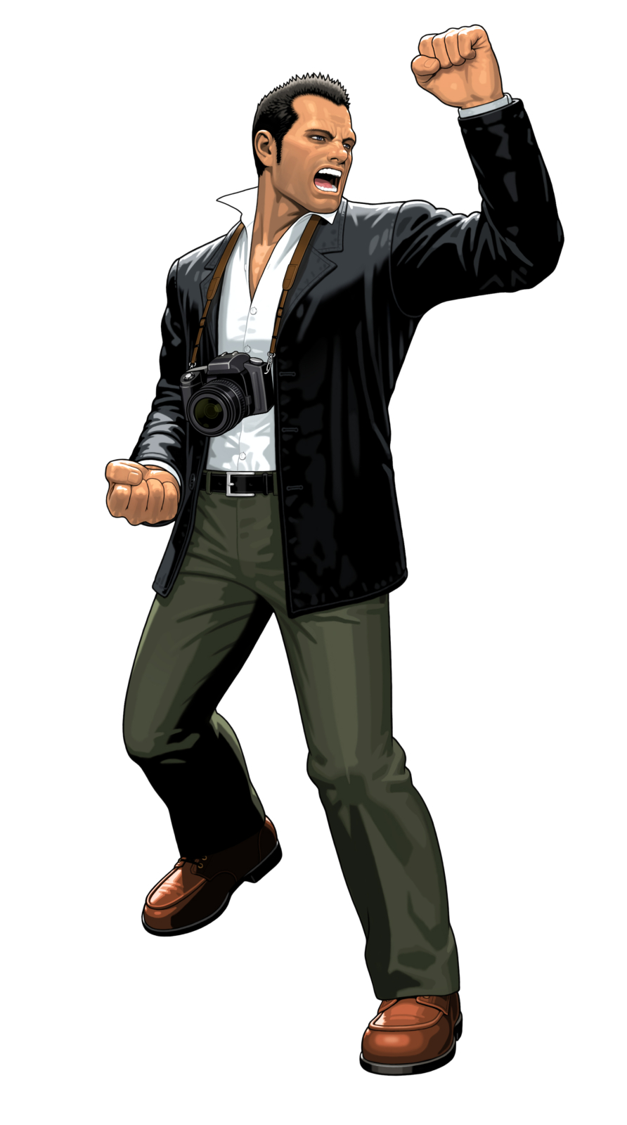 mori toshiaki, frank west, capcom, dead rising, dead rising 1, tatsunoko vs. capcom, highres, official art, 1boy, camera, clenched hand, clenched hands, male focus, raised fist, shouting, solo