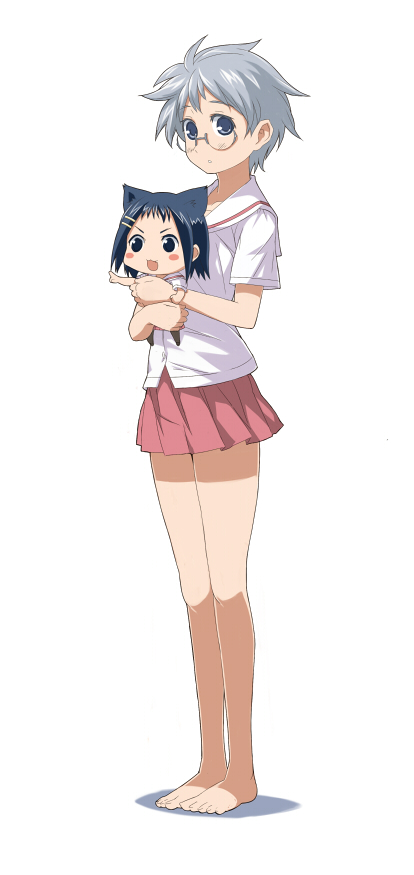 imo works, ikeda kana, yoshitome miharu, saki (manga), 00s, 2girls, animal ears, barefoot, chibi, full body, glasses, multiple girls, round eyewear, school uniform, simple background, standing, white background