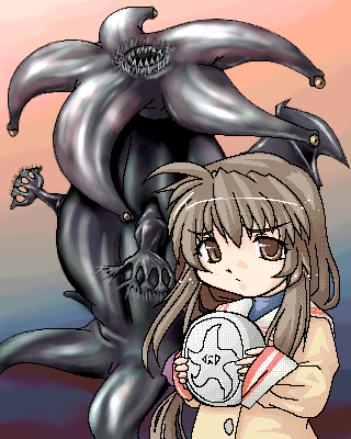oomori masaki, elder thing, ibuki fuuko, old one, call of cthulhu, clannad, cthulhu mythos, lowres, 00s, brown eyes, brown hair, crossover, long hair, monster, oekaki, school uniform, star (symbol)