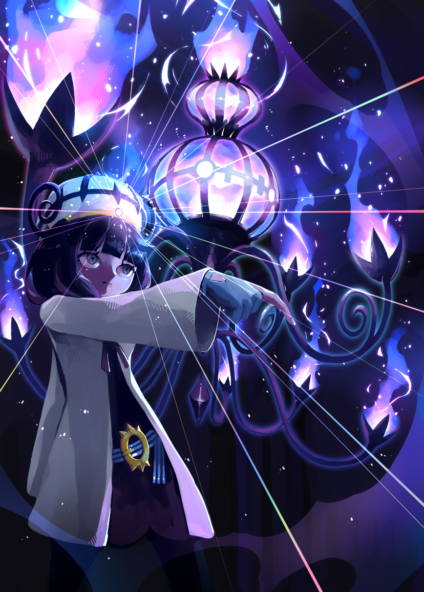 shiratoyama, chandelure, gwynn (pokemon), mega chandelure, nintendo, pokemon, pokemon legends: z-a, highres, 1girl, gen 5 pokemon, mega pokemon, purple eyes, purple hair