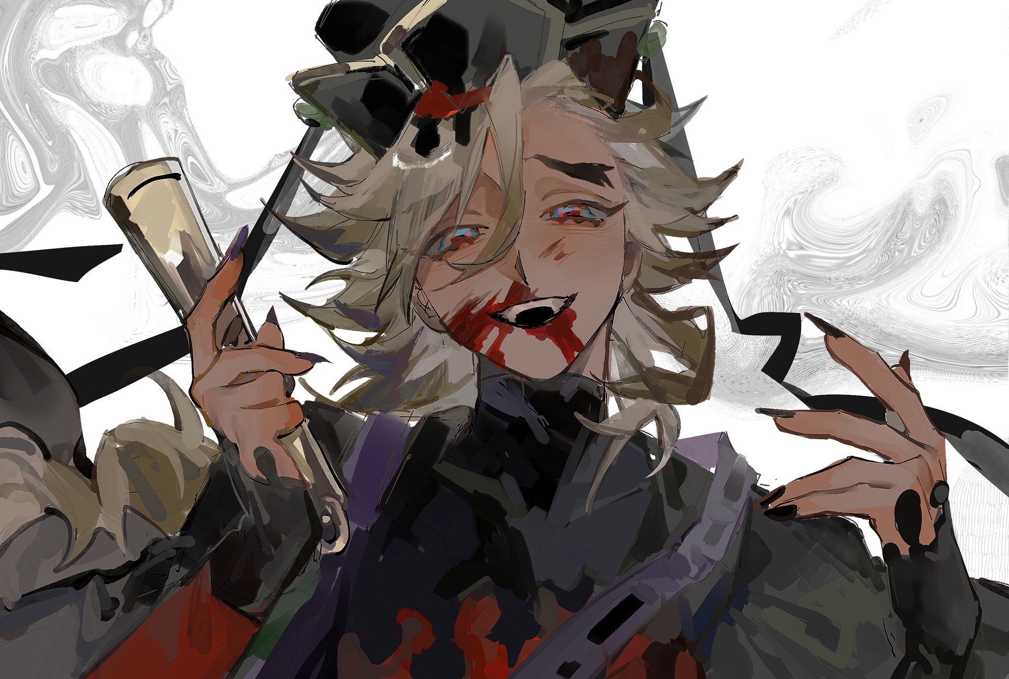 douma (kimetsu no yaiba), kimetsu no yaiba, highres, 1boy, black hat, black nails, blonde hair, blood, blood from mouth, blue eyes, dress, fangs, fingernails, half-closed eyes, hands up, hat, holding, kinokokokotori, long hair, looking at viewer, male focus, pink eyes, smile, solo, spiked hair, teeth, two-tone dress, upper body, upper teeth only, white background