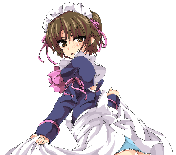 masayu, naoe riki, little busters!, 1boy, apron, ass, blush, bow, brown eyes, brown hair, crossdressing, crossdressing (mtf), juliet sleeves, long sleeves, looking at viewer, maid, maid apron, maid headdress, male focus, male maid, pink bow, puffy long sleeves, puffy sleeves, ribbon, simple background, solo, trap, waist apron, white background
