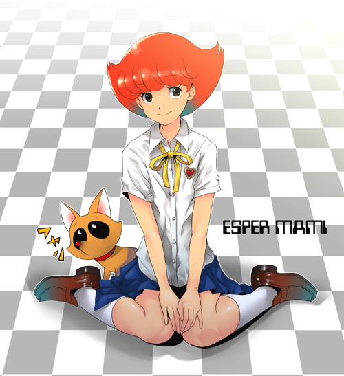 boyaking, konpoco, sakura mami, esper mami, 1girl, brown eyes, checkered floor, female focus, hands on own knees, orange hair, school uniform, short hair, sitting, skirt, smile, solo, wariza