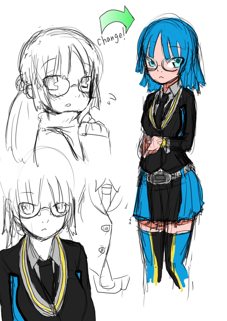 kamiyama kenta, kamen rider diend, kamen rider, kamen rider dcd, bad id, bad pixiv id, belt, blue eyes, blue hair, glasses, personification, short hair, sketch, thighhighs