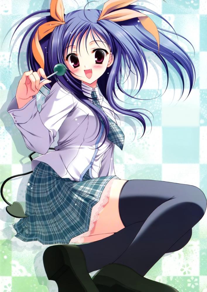kawai ameri, tayutama, plaid neckwear, 00s, 1girl, :d, black thighhighs, blue hair, blush, candy, demon tail, fang, female focus, food, hair ribbon, lace, lollipop, long hair, looking at viewer, necktie, open mouth, plaid clothes, plaid necktie, plaid skirt, purple eyes, ribbon, school uniform, shirt, sitting, skirt, smile, solo, tail, thighhighs, twintails, white shirt, zettai ryouiki
