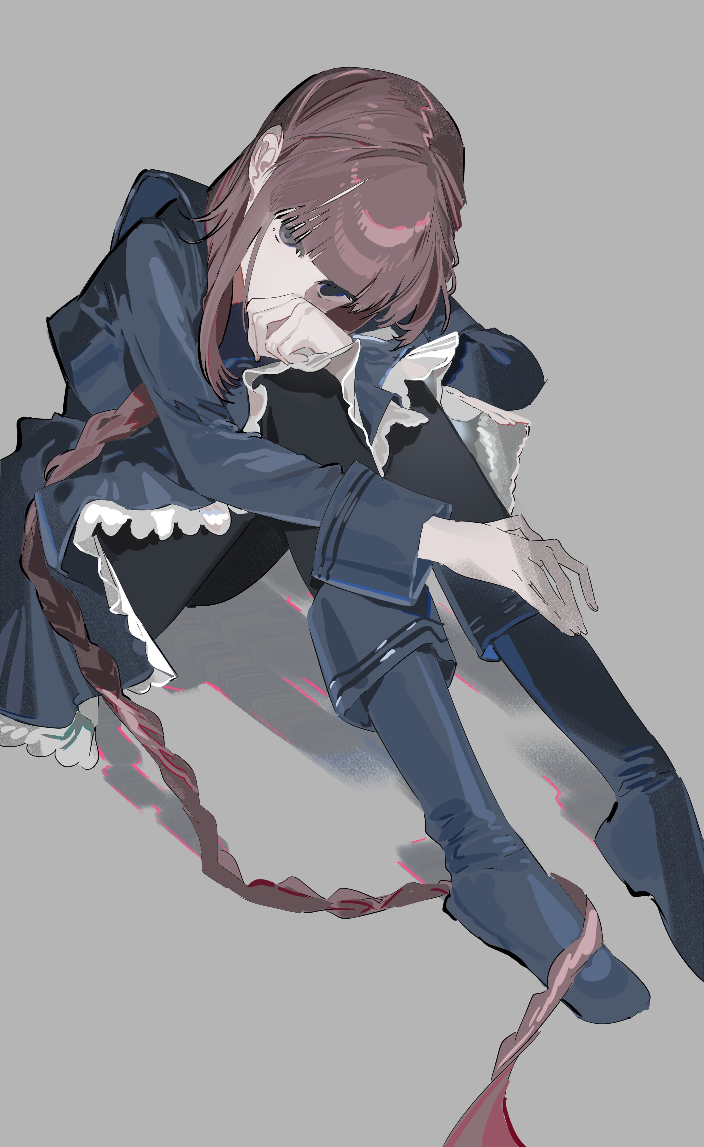 solardark09, absurdres, character request, copyright request, highres, 1girl, black pantyhose, blue boots, blue eyes, blue jacket, blunt bangs, boots, braid, brown hair, covered mouth, grey background, jacket, long hair, looking at viewer, pantyhose, sidelocks, simple background, sitting, solo, very long hair