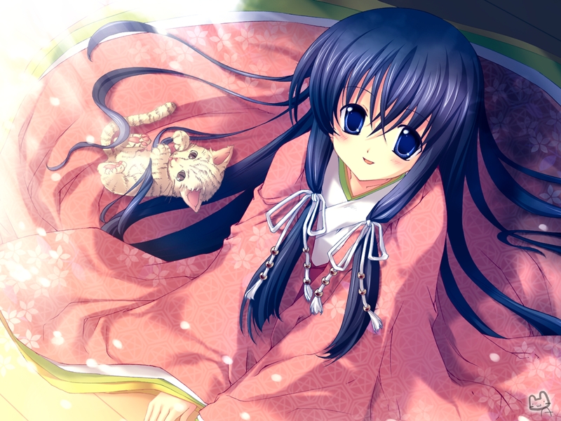 sakura (game), 1girl, blue hair, cat, female focus, japanese clothes, kimono, solo