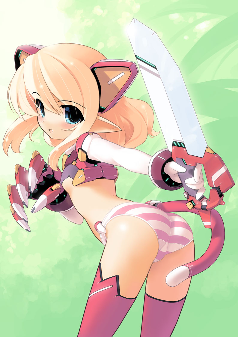 jiji (aardvark), bad id, bad pixiv id, 1girl, animal ears, armor, ass, bent over, blonde hair, blue eyes, breasts, cat ears, cat tail, elf, female focus, loli, looking back, midriff, no pants, panties, pointy ears, small breasts, solo, striped clothes, striped panties, sword, tail, thighhighs, underboob, underwear, weapon