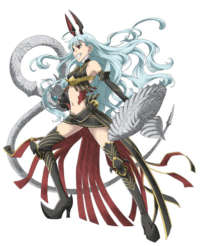 honjou raita, aliasse, senjou no valkyria, senjou no valkyria (series), senjou no valkyria 2, silver hair, lowres, official art, 00s, 1girl, blue hair, boots, crop top, detached sleeves, elbow gloves, female focus, gloves, grin, high heels, horns, long hair, midriff, red eyes, shield, shoes, simple background, skirt, smile, solo, thigh boots, thighhighs, turtleneck, very long hair, whip, zettai ryouiki