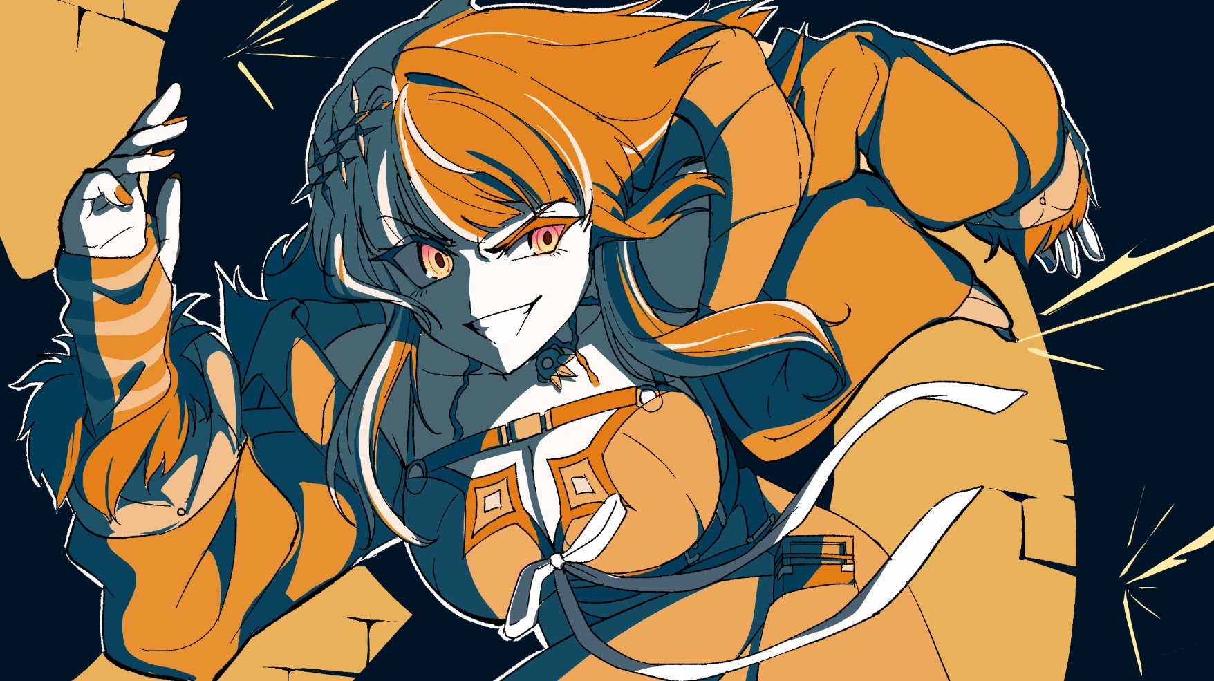 magho, shiori novella, shiori novella (1st costume), hololive, hololive english, lupin iii, highres, 1girl, arm strap, black arm warmers, black choker, black dress, black hair, black nails, breasts, chest belt, choker, cleavage, coat, dress, fur-trimmed coat, fur trim, gloves, grey hair, hair ornament, jewelry, lace, lace-trimmed choker, lace choker, lace trim, large breasts, long hair, looking at viewer, multicolored hair, smile, solo, split-color hair, striped arm warmers, striped clothes, striped gloves, two-tone hair, virtual youtuber, yellow eyes