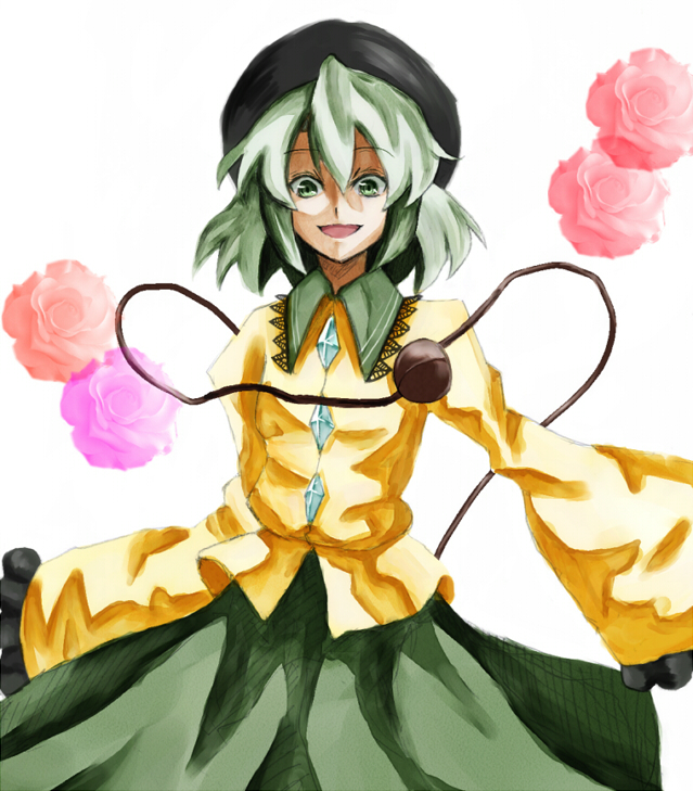 parsley-f, komeiji koishi, touhou, bad id, bad pixiv id, 1girl, female focus, green eyes, green hair, hat, matching hair/eyes, short hair, simple background, solo