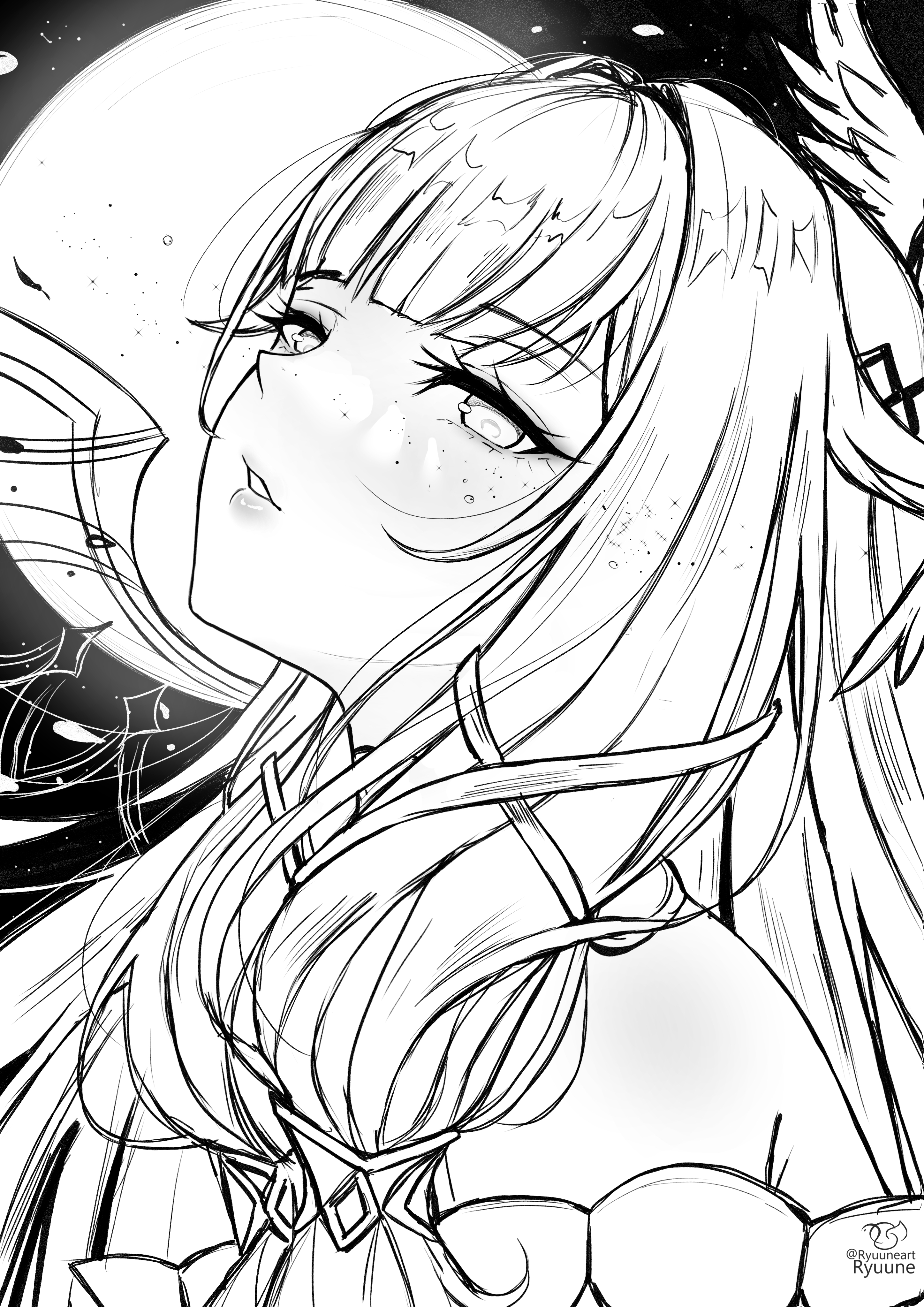 ryuuneart, columbina (genshin impact), genshin impact, absurdres, commentary, highres, 1girl, artist name, bare shoulders, from side, greyscale, lips, long hair, looking at viewer, looking to the side, monochrome, moon, parted lips, signature, solo, upper body, very long hair