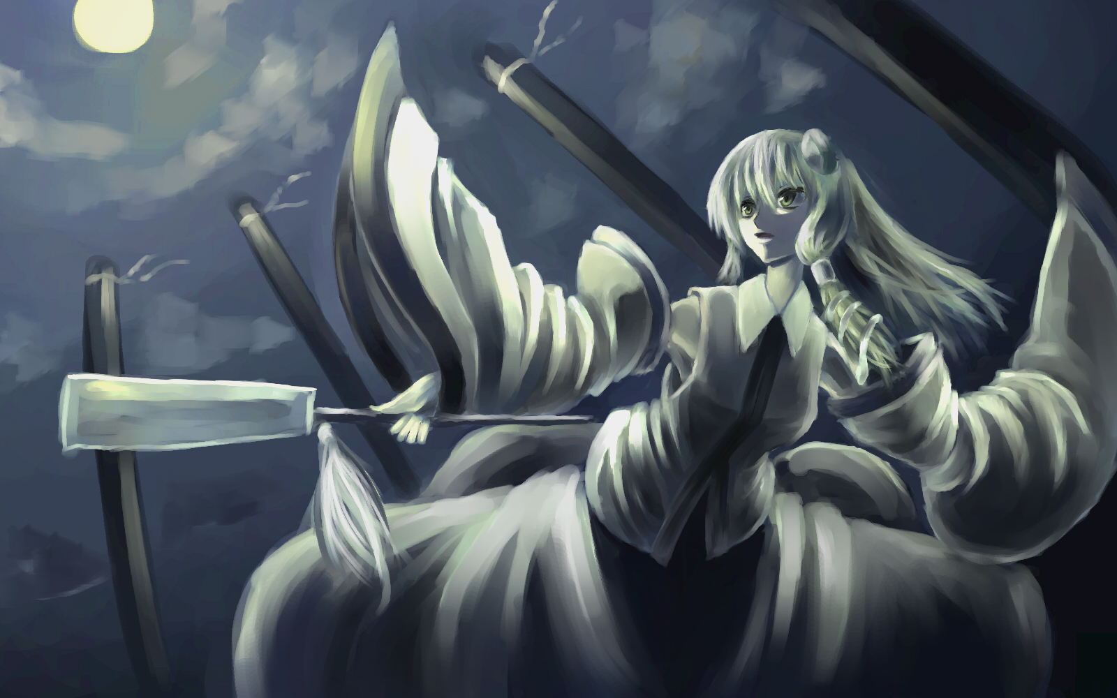 parsley-f, kochiya sanae, touhou, bad id, bad pixiv id, highres, 1girl, cloud, detached sleeves, female focus, green eyes, green hair, japanese clothes, long hair, miko, moon, night, night sky, outdoors, sky, solo, standing