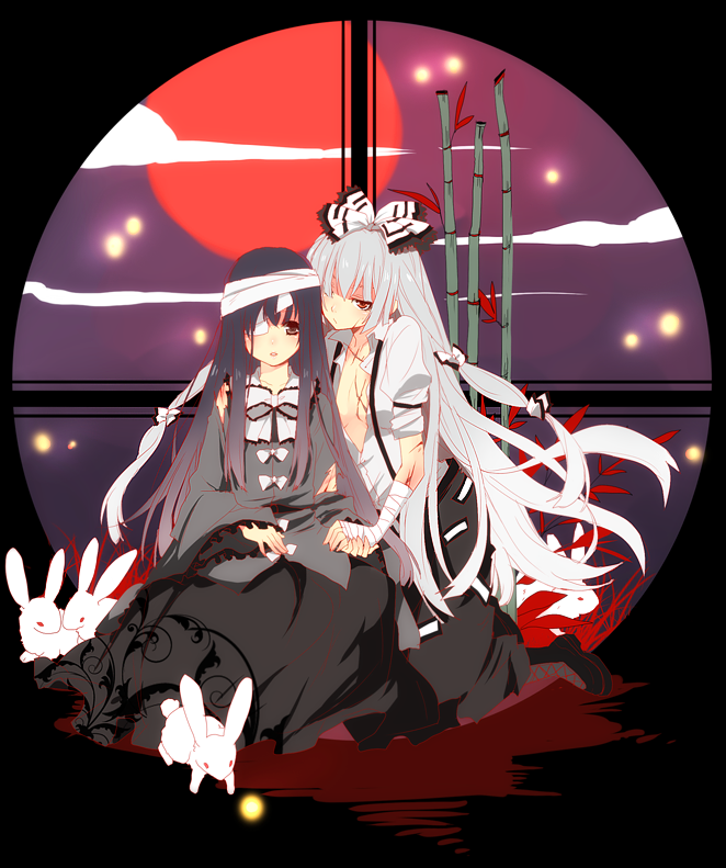 kurot, fujiwara no mokou, houraisan kaguya, touhou, 2girls, alternate color, bamboo, bandage over one eye, bandages, female focus, full moon, moon, multiple girls, open clothes, open shirt, rabbit, red moon, round window, shirt, window