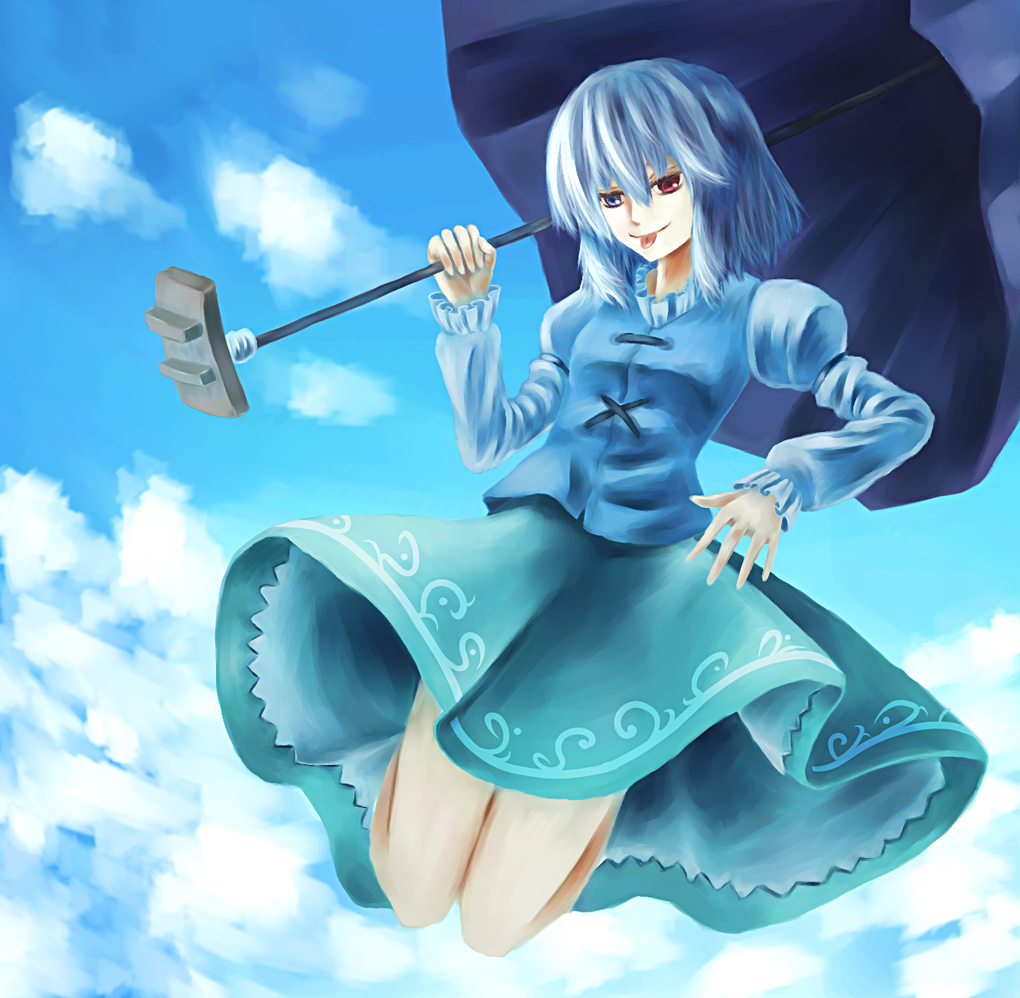 parsley-f, tatara kogasa, touhou, bad id, bad pixiv id, 1girl, :p, blue eyes, blue hair, cloud, day, female focus, heterochromia, karakasa obake, matching hair/eyes, parasol, red eyes, short hair, solo, tongue, tongue out, umbrella
