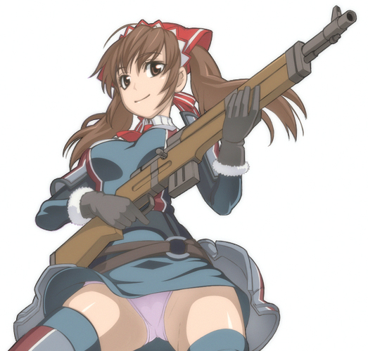 caryo, nanashino, alicia melchiott, senjou no valkyria, senjou no valkyria (series), senjou no valkyria 1, 00s, brown eyes, brown hair, gun, long hair, military, military uniform, panties, pantyshot, rifle, twintails, underwear, upskirt, weapon