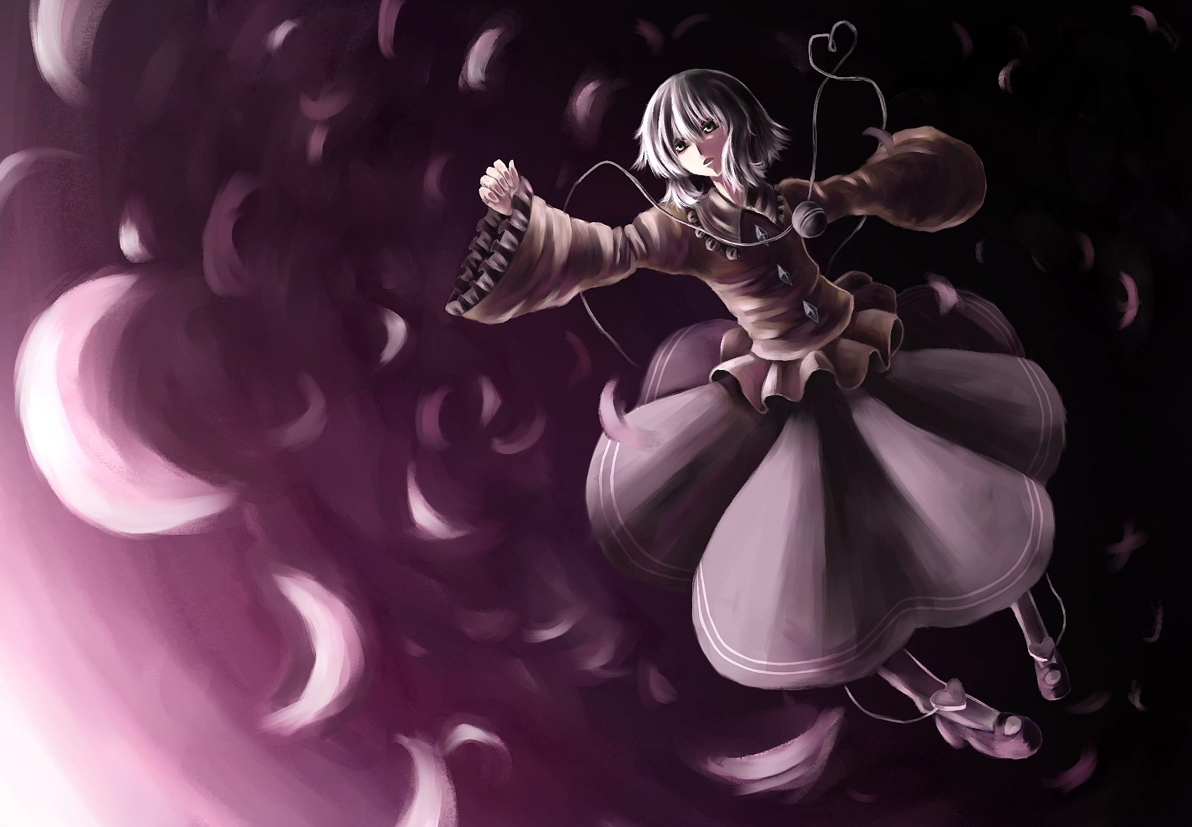 parsley-f, komeiji koishi, touhou, bad id, bad pixiv id, highres, 1girl, falling, female focus, green eyes, green hair, matching hair/eyes, no headwear, short hair, solo